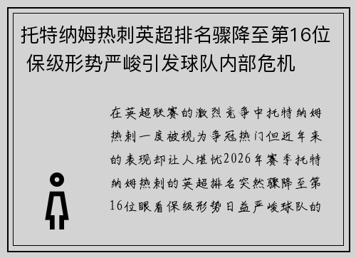 托特纳姆热刺英超排名骤降至第16位 保级形势严峻引发球队内部危机